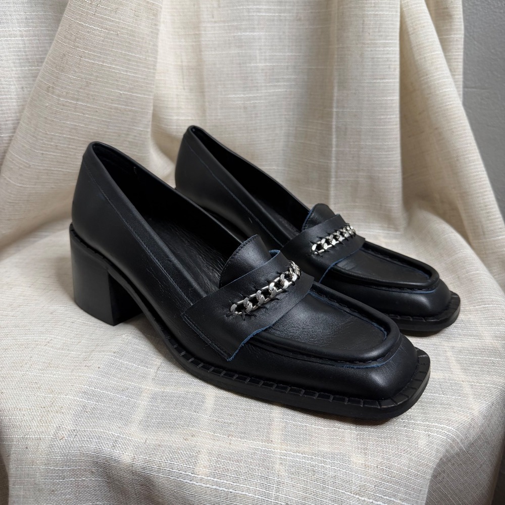 New Free People‎ Hayden Black Leather Heeled Loafers Chain Women's Shoe Size 39